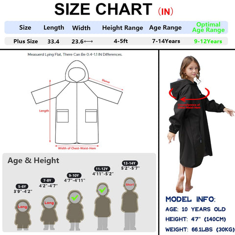 Hiturbo Kids Swim Parka: Waterproof Swimming Jacket Windproof Surf Poncho - Lightweight Hooded Swimmer with Quick-Dry Changing Towel Lined - Boys Girls 7-12 Years - Black