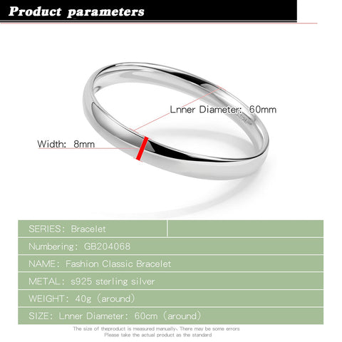 Dankadi Minimalism Women Men 925 Sterling Silver Bracelet Width 7-8MM Diameter 60-65 mm Solid Smooth On Bangle Cuff Fashion Fine Jewelry Gifts (Width 8MM 1 Piece, Diameter 60MM) Dankadi