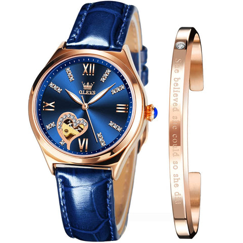 OLEVS Watches for Women Automatic Mechanical Ladies Watch Leather Strap Self-Winding reloj para Mujer Diamond Heart dial Waterproof Luminous red Female Watch Blue OLEVS