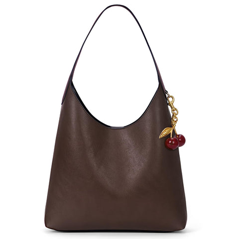 Faux Suede Hobo Bags Vegan Leather Shoulder Bag Tote for Women with Cherry Charm Slouchy Designer Handbag Purse Fall Fashion