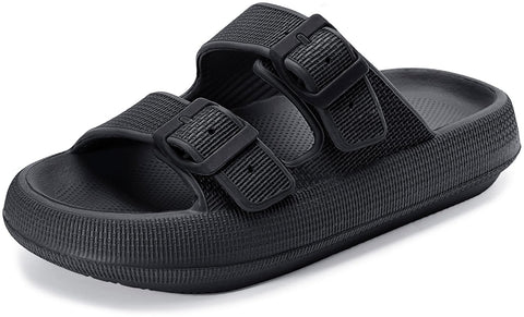 Weweya Slides for Men Women Pillow Slippers Double Buckle Adjustable EVA Flat Sandal Black Women Size 5.5 6 6.5 Weweya