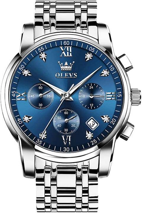 OLEVS Men's Diamond Watches Blue Dial Roman numerals Chronograph Watches for Men Stainless Steel Band Fashion Luminous Hands Multi-Function Quartz Watch Water Resistant Silver Tone Men Watch with Date
