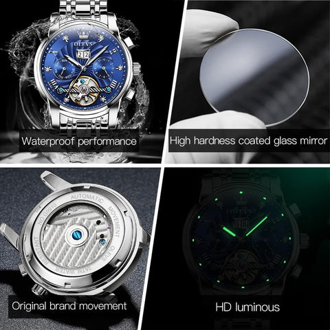 OLEVS Watches for Men Skeleton Automatic Mechanical Diamond Self Winding Gold Luxury Wristwatch Luminous Waterproof Business Dress Watch OLEVS