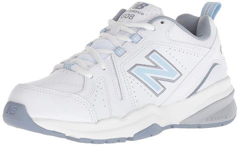 New Balance Women's 608 V5 Cross Trainer, White/Light Blue, 8.5 Wide