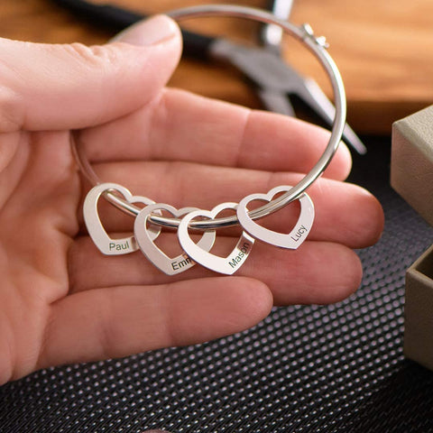 MyNameNecklace MYKA - Personalized Bracelet Bangle with Heart Pendants - Custom Made Multiple Pendant Jewelry Wife Women Christmas Gift (Sterling Silver) MyNameNecklace