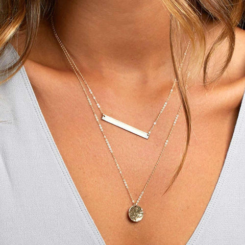 Turandoss Dainty Layering Bar Necklace Hammered Disc Pendant Necklace Simple Layering Plated Choker for Women Turandoss