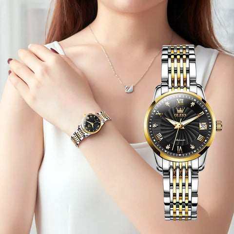 OLEVS Women Automatic Watch Diamond Mechanical Self Winding Fashion Elegant Dress Wrist Watch Black Luminous Waterproof Stainless Steel Date OLEVS