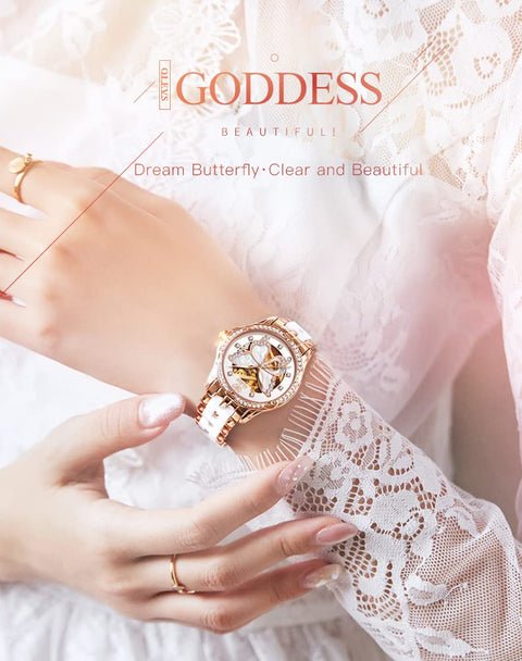 OLEVS Women's Rose Gold Automatic Watches Skeleton Mechanical Self Winding Ladies Elegant Luxury Dress Butterfly Diamond White Ceramic Band Watch Gift OLEVS