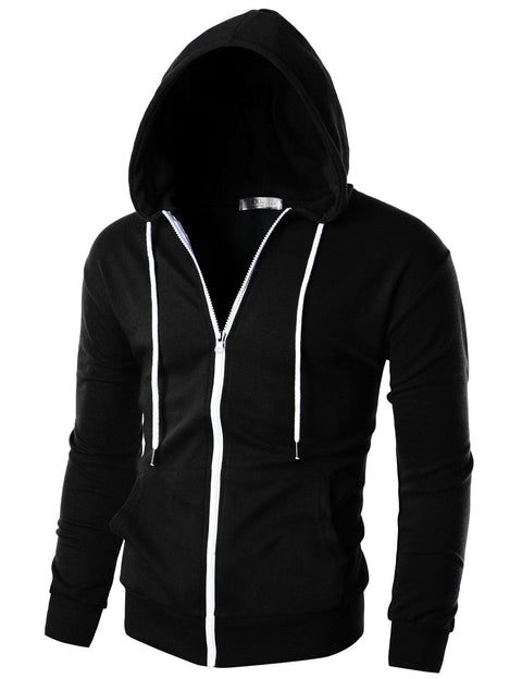 Ohoo Men's Zip Up Hoodie Lightweight Slim Fit Sweatshirt Full Zip Hooded Jacket / DCF002-BLACK-L