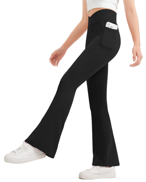 JOCMIC Girls Flare Leggings Kids Bell Bottom High Waisted Dance Yoga Flared Pants Black 11-12 Years