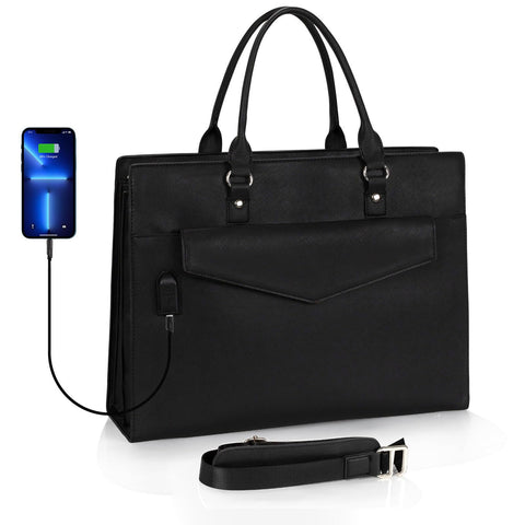 Laptop Tote Bag for Women, 17 Inch Laptop Bag Waterproof Leather Computer Tote Bag, Large Work Bag with USB Charging Port, Womens Laptop Briefcase Business Office Handbag Work Shoulder Bag, Black onemoky