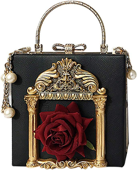 QZUnique Women Love Angel Floral Evening Bag Rose Embossed Formal Purse Clutch Black Gold Crossbody Pearl Chain Shoulder Bag QZUnique