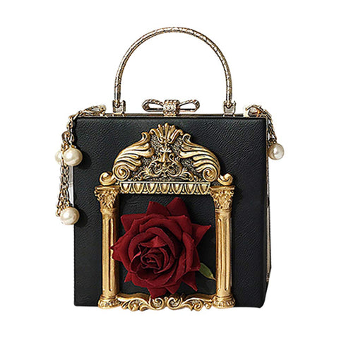 QZUnique Women Love Angel Floral Evening Bag Rose Embossed Formal Purse Clutch Black Gold Crossbody Pearl Chain Shoulder Bag QZUnique