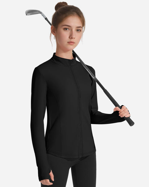 JOCMIC Girls Zip Up Jacket Horse Riding Shirts Kids Athletic Yoga Jackets Fall Winter Coats Black 9-10 Years