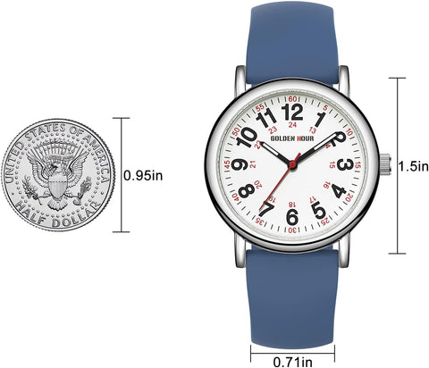 GOLDEN HOUR Waterproof Nurse Watch, 38mm, 24-hour Luminous Dial, Red Second Hand, Silicone Band, Navy Blue