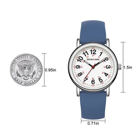 GOLDEN HOUR Waterproof Nurse Watch, 38mm, 24-hour Luminous Dial, Red Second Hand, Silicone Band, Navy Blue