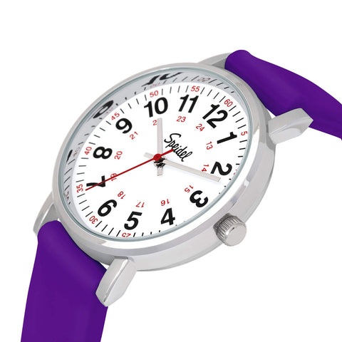 Speidel Original Scrub Watch™ Nurses Doctors Medical Professionals Students Men Women Unisex Easy Read Dial Military Time Red Second Hand Silicone Band Water Resistant-Purple Speidel
