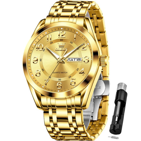 OLEVS Gold Watch for Man Luxury Dress Large Numer Analog Quartz Watch Waterproof Luminous Calendar Easy to Read Watches for Father