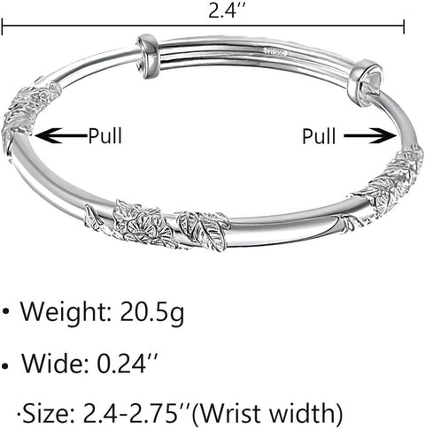 Kim Carrey S925 Silver Bangle Bracelet for Women, Elegant Women‘s Sterling Silver Bracelet Bangle Adjustable 6.4-7.8 inches Small Size (Leaf) Kim Carrey