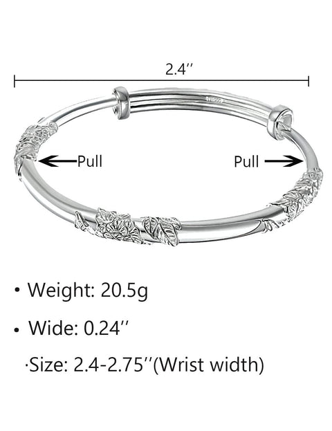 Kim Carrey S925 Silver Bangle Bracelet for Women, Elegant Women‘s Sterling Silver Bracelet Bangle Adjustable 6.4-7.8 inches Small Size (Leaf) Kim Carrey