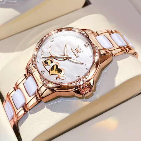 OLEVS Automatic Watches for Women Rose Gold Fashion Diamond Dress Ladies Wrist Watch Self Winding Mechanical Two Tone Ceramic Band Waterproof Luminous Gift Set OLEVS