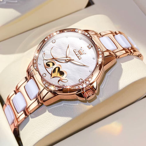 OLEVS Automatic Watches for Women Rose Gold Fashion Diamond Dress Ladies Wrist Watch Self Winding Mechanical Two Tone Ceramic Band Waterproof Luminous Gift Set OLEVS