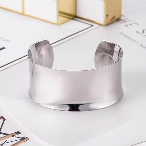 Dankadi Women 925 Sterling Silver Curved Bangle 30MM Wide Grooved Cuff Bangle Girls Shiny Punk Open Bracelet Adjustable Plated 24k Gold/Rose Gold Jewelry Gift (Silver, Adjustable) Dankadi