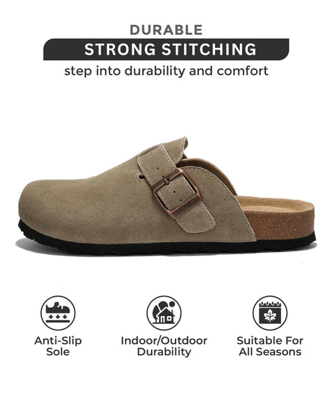 Project Cloud Genuine Leather Footbed Clogs for Women - Memory Foam Arch Support Slippers for Women - Trendy Slip-ons Women's Mules & Clogs Sandals (Benton,TaupeSuede, 8)