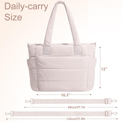 Tote Bag for Women Puffer Tote Bag Large Quilted Nurse Bag with Zipper for Work Travel (Beige)