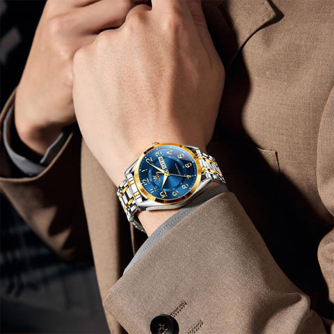 OLEVS Mens Watch Blue Classic Large Analog Male Watch Two Tone Stainless Steel Calendar Waterproof Luminous Gift Watch for Father