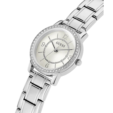 GUESS Ladies 28mm Watch - Silver Tone Bracelet Silver Tone Case White Dial GUESS
