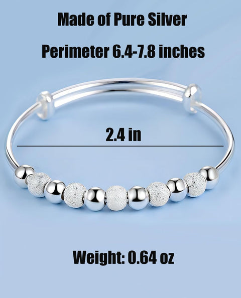 Kim Carrey S925 Silver Bangle Bracelet for Women, Elegant Women‘s Sterling Silver Bracelet Bangle Adjustable 6.4-7.8 inches Small Size (Frosted and Smooth Beads) Kim Carrey