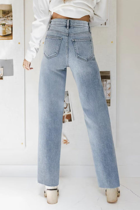 KDF Straight Leg Jeans for Women High Waisted Jeans Frayed Baggy Pants Raw Hem Loose Stretchy Cropped Wide Leg Jeans Light Blue Size 8