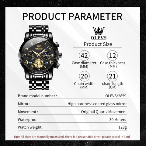 OLEVS Black Watches for Men Casual Fashion Big Face Man Watch Luxury Analog Quartz Men's Wrist Watch Elegant Waterpoof Stainless Steel Multifunction Chronograph Moon Phase Mens Watches
