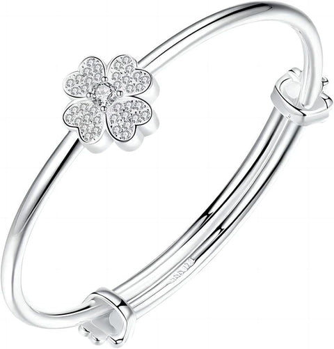 Kim Carrey S925 Silver Bangle Bracelet for Women, Elegant Women‘s Sterling Silver Bracelet Bangle Adjustable 6.4-7.8 inches Small Size (White Clover) Kim Carrey