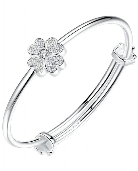 Kim Carrey S925 Silver Bangle Bracelet for Women, Elegant Women‘s Sterling Silver Bracelet Bangle Adjustable 6.4-7.8 inches Small Size (White Clover) Kim Carrey