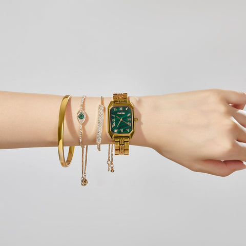 TIME100 Women's Rectangle Bracelet Watch Set Premium Crystal Accented Bangle Watch Golden W50889L TIME100