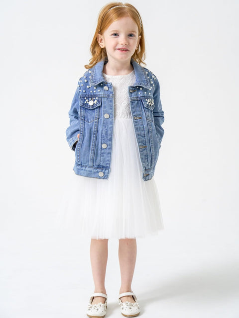 Miipat Toddler Girls Denim Jacket Basic Pearl Jean Jacket Little Kids Outwear Button Down Jean Coat(LightBluePearl,7-8Years)