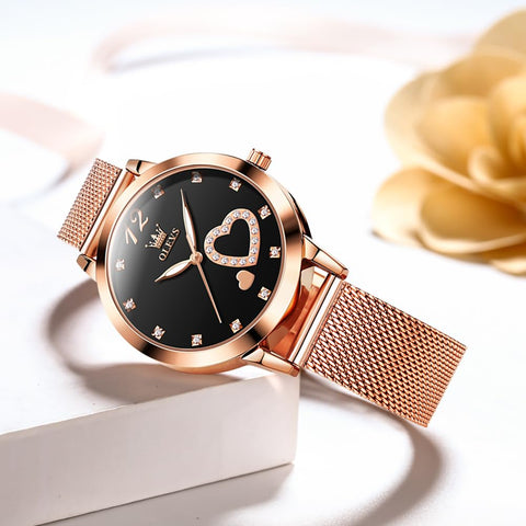 OLEVS Womens Watch Gift Set with Bracelet Rose Gold Minimalist Slim Thin Casual Dress Analog Quartz Wrist Watches for Lady Female Waterproof Black Dial Two Tone
