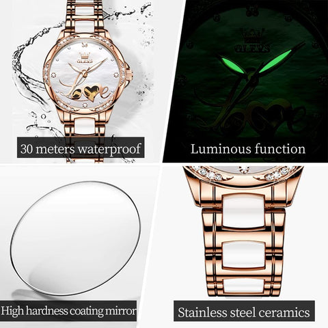 OLEVS Automatic Watches for Women Rose Gold Fashion Diamond Dress Ladies Wrist Watch Self Winding Mechanical Two Tone Ceramic Band Waterproof Luminous Gift Set OLEVS