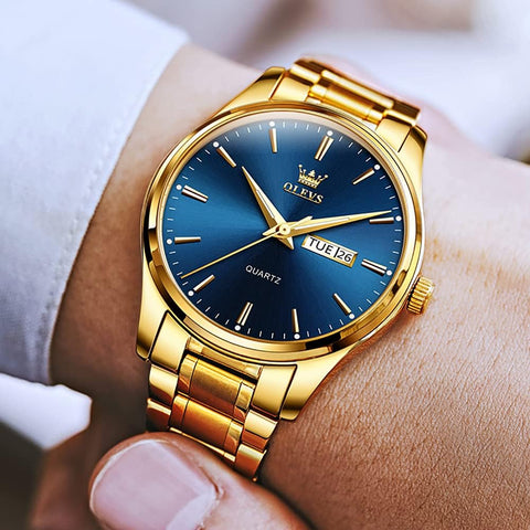 OLEVS Men's Gold Watch,Men Watch Blue Dial Classic Dress Watch with Day Date Satinless Steel Waterproof Fashion Casual Luxury Watch for Man Quartz Simple WristWatches Man,relojes de Hombre OLEVS
