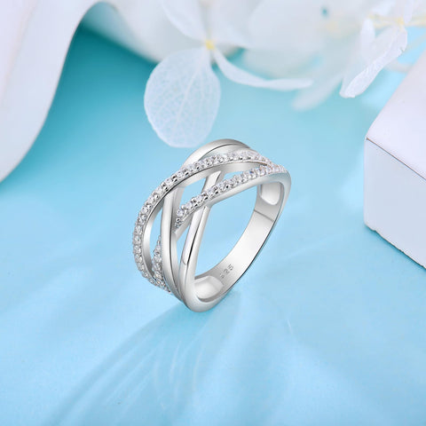 Veshon 925 Sterling Silver Infinity Criss Cross Celtic Knot Ring, 18K White Gold Plated Double X Crossover band Rings Cubic Zirconia CZ Diamond Statement Rings for Women, Size 7 Veshon