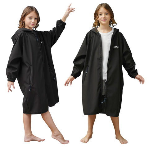 Hiturbo Kids Swim Parka: Waterproof Swimming Jacket Windproof Surf Poncho - Lightweight Hooded Swimmer with Quick-Dry Changing Towel Lined - Boys Girls 7-12 Years - Black
