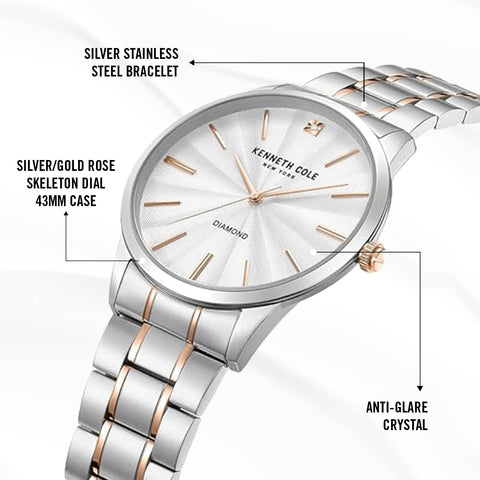 Kenneth Cole Men's Watch - Luxury Watch for Men, Stainless Steel Watch, Quartz, Water-Resistant, Sleek Design TT Silver/Gold Rose Analog Watch Kenneth Cole New York