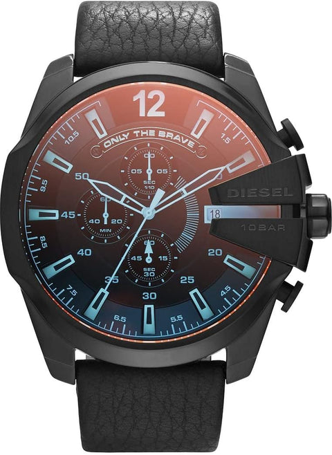 Diesel Mega Chief Stainless Steel and Leather Chronograph Men's Watch, Color: Black (Model: DZ4323) Diesel
