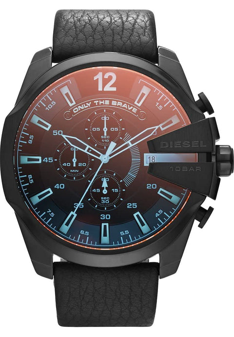 Diesel Mega Chief Stainless Steel and Leather Chronograph Men's Watch, Color: Black (Model: DZ4323) Diesel