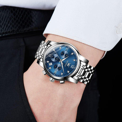 OLEVS Men's Diamond Watches Blue Dial Roman numerals Chronograph Watches for Men Stainless Steel Band Fashion Luminous Hands Multi-Function Quartz Watch Water Resistant Silver Tone Men Watch with Date