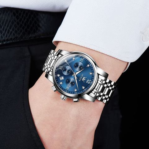 OLEVS Men's Diamond Watches Blue Dial Roman numerals Chronograph Watches for Men Stainless Steel Band Fashion Luminous Hands Multi-Function Quartz Watch Water Resistant Silver Tone Men Watch with Date