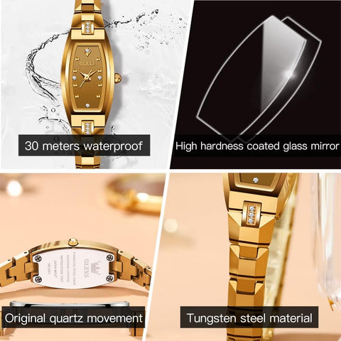 OLEVS Watch for Women Ladies Slim Thin Elegant Analog Quartz Diamond Tungsten Steel Square Shape Small Face Waterproof Wrist Watch Gold OLEVS