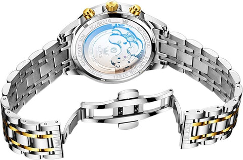 OLEVS Skeleton Men Watches Automatic Business Luxury Diamond Self Winding Watch for Men Stainless Steel Calendar Blue Wrist Watch